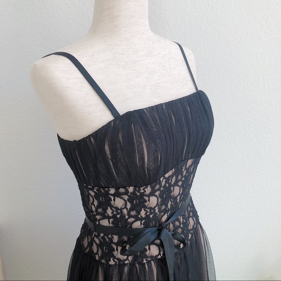 WHBM Black Lace Tulle Overlay Dress With Waist Tie - Picture 4 of 9